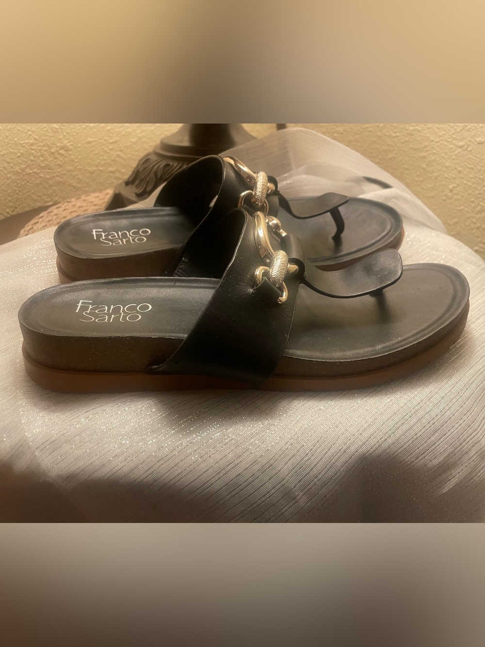 Franco Sarto Black Leather Slide Sandals with Gold Chain Detail